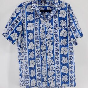 Royal Creations Hawaii Men's Large Aloha Shirt Blue White Hibiscus Flower Vtg